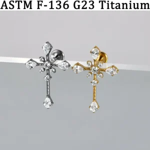 G23 Titanium Gothic Teardrop Zircon Cross Internal Thread Flat Bar Ear Lip Studs Fashion Piercing Jewelry