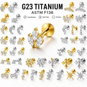 G23 Titanium Labret Cartilage Studs Internal Thread Piercing Body Jewelry with Zirconia for Professional Piercings