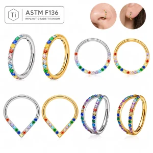 G23 Titanium Rainbow Zircon Septum Clicker Ring 18K Gold Plated Helix Daith Cartilage Piercing Jewelry