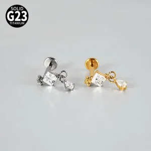 G23 Titanium Three leaf Flower with Teardrop Zircon Internal Thread Flat Bar Ear Lip Studs Fashion Piercing Jewelry