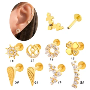 G23 Titanium Zircon Cartilage Earrings Tragus Helix Daith Lobe Flat Back Earring Internally Thread Lips Piercing Jewelry