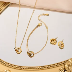 G4836 Stainless Steel Roman Numeral Interlocking Circles Necklace Bracelet Rings Fashion Jewelry Set for Women