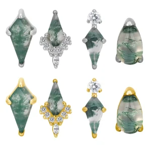 GZN ASTM F136 Moss Agate Stone Titanium Helix Cartilage Earring Stud Zircon Labret Lip Tragus Nose Piercing