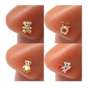 Gaby Cute Bear Stainless Steel Nose Studs Gold Plated Dangle Body Piercing Jewelry for Weddings Nose Piercing Ring