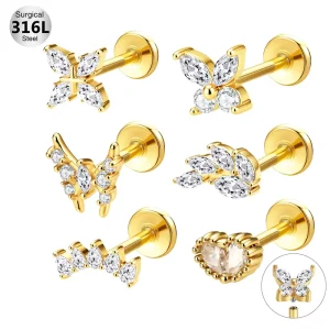 Gaby Stainless Steel Ear Stud Zircon Inlaid Internal Thread PVD Gold Lip Ring 8mm Bar Length Unisex 316L Piercing Jewelry
