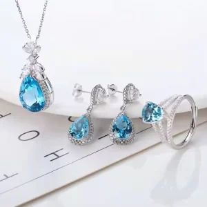 Gemstone Jewelry 925 Silver 18k White Gold Plated Natural Blue Topaz Earring Pendant Necklace Ring Set
