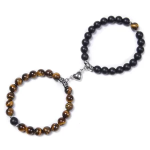 Gemstone Natural Stone Beads Magnet Heart and Round Ball Pattern Stainless Steel Bracelet for Couples Gifts