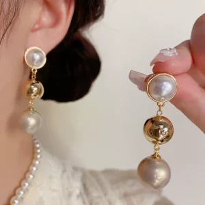 Gentle Versatile Style Drop Earrings Pearl Metal Ball Tassel Earrings for Women