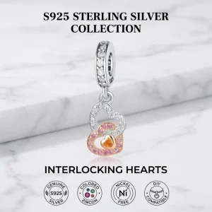 Genuine 925 Sterling Silver Zircon Heart Dangle Charm for DIY Bracelet Interlocking Double Hearts Design Ganku