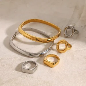 Geometric 18K Gold Plated Fashion Jewelry Women Men Unisex High Street Stainless Steel Buckle Square Cuff Bracelet Bangle