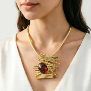 Geometric Amber Resin Pendant Statement Necklace with Extender Chain Women’s 18K Gold Plated