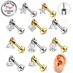 Geometric Dangle G23 Titanium Threadless Flower Flat Back Earrings Helix Tragus Snug Fine Labret Stud for Women