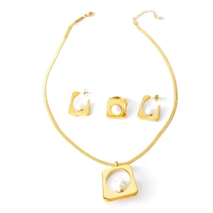 Geometric Design Necklace Ring Earrings 18k Gold Plated Stainless Steel Earrings Gold square Pearl Titanium Steel Jewelry Set
