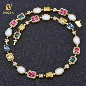 Geometric Gemstone Choker Necklace 18K Gold Plated Multi Color Opal Diamond Fine Jewelry for Gift
