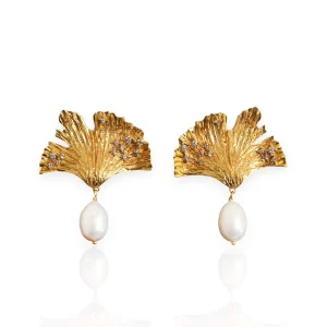 Geometric Gold Plated Retro Ethnic Style Earrings Cute Irregular Gingko Leaf Pearl Design New Fashion Drop Earrings Hot Sellers
