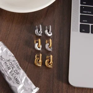 Geometric Hypoallergenic Two toned Trendy Women’s Non Tarnish Stainless Steel 18K Gold Plated Earrings Pendant for Party