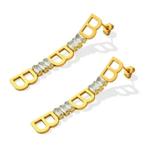 Geometric Letter Splicing Zircon Long 316L Stainless Steel Jewelry 18K PVD Gold Earrings