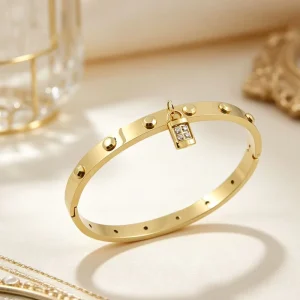 Geometric Lock Pendant Bracelet Electroplated Rose Gold Stainless Steel Bangle