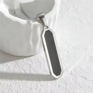 Geometric Long Bar Pendant Necklace Titanium Steel Steel Color Chain Black Enamel European American Jewelry