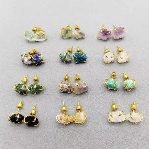 Geometric Natural Crystal Copper Prong Earrings Hypoallergenic Luxury Gemstone Jewelry for Women
