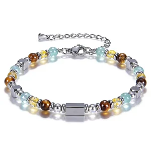 Geometric Natural Stone Crystal Beaded Stainless Steel Bracelet Women Silver Spacer Beads Jewelry