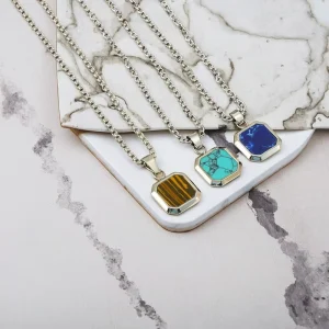 Geometric Natural Stone Pendant Necklace for Women 18k Gold Stainless Steel Accessories
