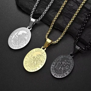 Geometric Oval Non Fading Stainless Steel Necklace Punk Jewelry Silver Gold Black St. Christopher Pendant Necklace
