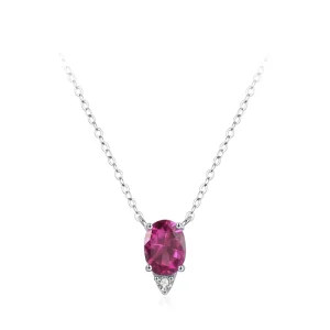 Geometric Oval Zircon Clavicle Chain 925 Sterling Silver Simulated Ruby Pendant Necklace for Wedding Parties