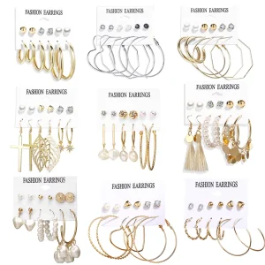 Geometric Pearl Circle Drop Earrings Gold Metal Earrings 6 Set for Women