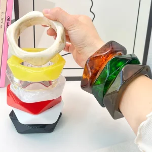 Geometric Polygon Faceted Wide Band Resin Bangle Swirl Marble Vein Multi Contrast Glossy Acrylic Bracelets Fashion Bangles