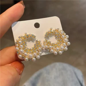 Geometric Round Pearl Hoop Earrings Sparkling Zircon Shiny C-shape Crystal Stud Earrings Women