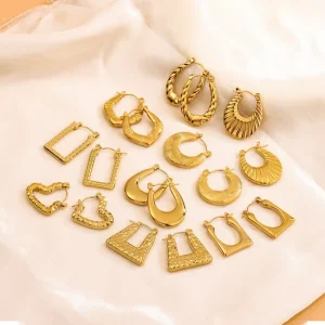 Geometric Stainless Steel 18K Gold Plated Exaggerated Chunky Hoop Earrings Set