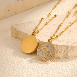 Geometric Stainless Steel Bell-Shaped Link Chain Pendant Necklace with Coconut Tree Design