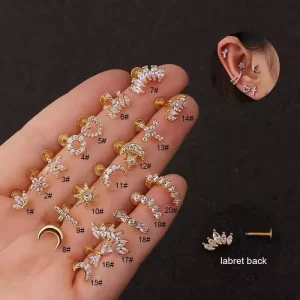 Geometric T Shaped Earrings Stainless Steel Crown Crystal Ear Bone Stud Piercing Earring Body Threaded Labret Jewelry for Women