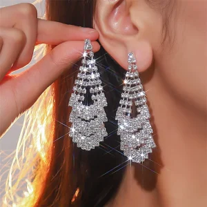 Geometric Tassel Earrings for Women Water Diamond Full Diamond Hollow Earrings Bridal Jewelry