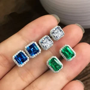 Geometry Square Green Blue White Zircon Ladies Bridal Earrings for CZ Emerald Sapphire Stud Earring for Women