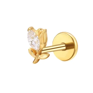 Getta Jewelry G23 Titanium Earring Flower Flat Back Labret Body Jewelry with Natural Diamonds and Zircon Main Stone