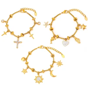 Gfashion 18K Gold Plated Butterfly Heart Fish Shape Lobster Clasp Charm for Bracelet Necklace DIY Stainless Steel Charms