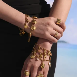 Gfashion Beach Themed DIY Bracelet Shells Starfish European 316l Stainless Steel Jewelry 18k Pvd Gold Bangles Trendy Accessories