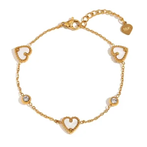 Gfashion Classic Style Shell Heart Charm Bracelet with Zircon Gold Plated Stainless Steel Jewelry 316l Durable Diamond Bracelet
