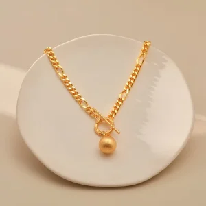 Gfashion New Gold Transit Beads Interlocking Flat Chain Necklace OT Buckle Ball Pendant Fashion Sense Mainly Brass Jewelry