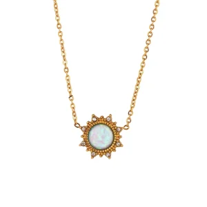 Gfashion Simple Ladies Vintage White Opal Sun Pendant Necklace 18K Gold Plated Stainless Steel Link Chain