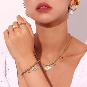 Gfashion Vintage Turquoise Evi Eye Name Pattern Choker Bracelet Classic 316l Stainless Steel Jewelry Pvd Gold Gemstone Charm