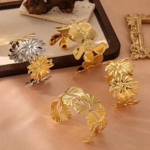 Ginkgo Style Open Gold Stainless Steel Wide Fashionable Bangles for Women