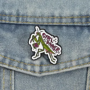 Girl Dinner Praying Mantis Feminism Brooch Enamel Pins Feminist Power Brooches Backpack Lapel Badge Jewelry Gift for Friends