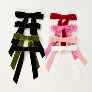 Girls Adult Simple Solid Color Ribbon Hair Clip Velvet Hair Bows With Long Tail