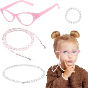 Girls Children Costume Accessories with Glasses Faux Pearl Polyester Necklace Chain for Dress up (Style3)