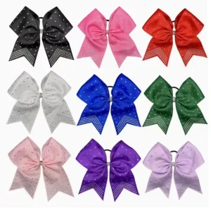 Girls Glitter Rhinestone Grosgrain Cheer Bows 20.3cm Splicing Hair Ties Hotfix Crystal Edge Ponytail Holders Party Casual