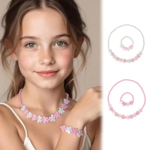 Girls Jewelry Set Cute Butterfly Beads Necklace Bracelet Toddler Girls Dress Up Jewelry Stretchy Chunky Costume Jewelry Present