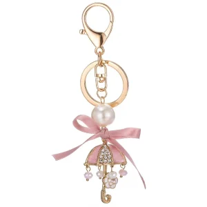 Girls Metal Keychain Pink Ribbon Bow Umbrella Shaped Pendant with Gold Plating for Bag Fashion Blank Keychain
